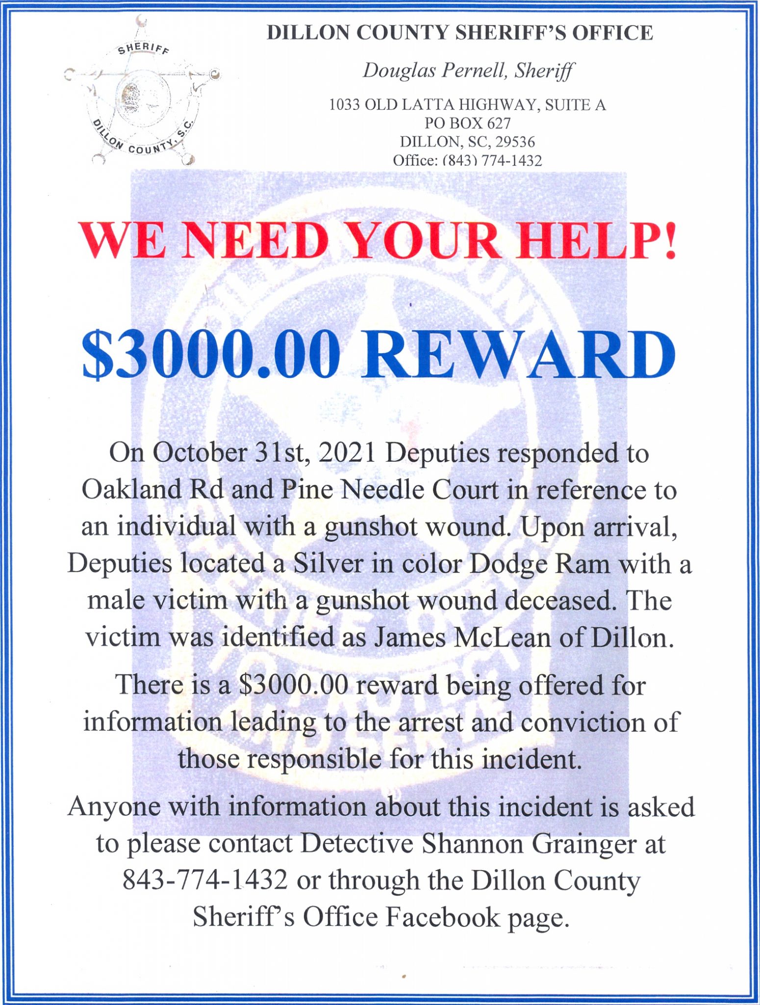$3,000 Reward Offered In Dillon Man’s Death